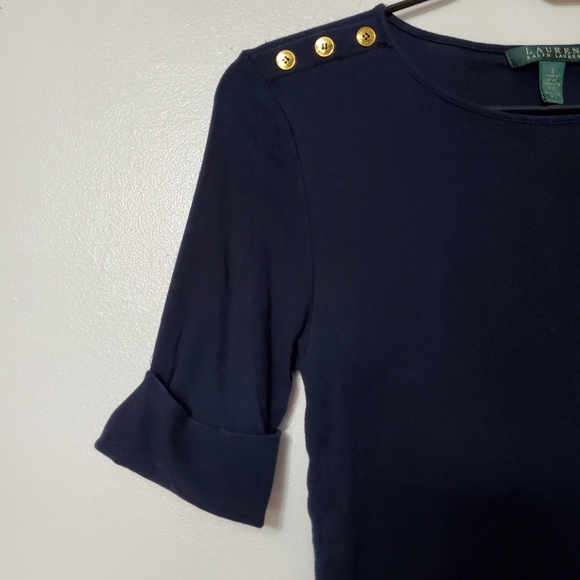 Womens Shirt Small Button Shoulder Elbow Sleeve Crew Neck Ralph Lauren - Picture 7 of 11